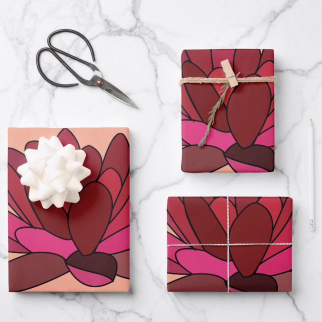 Red Pink Water Lily Wrapping Paper Sheet (Front)