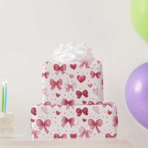 Red & Pink Watercolor Bows Hearts Pattern Romantic Wrapping Paper