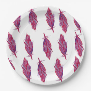 Red Pink Watercolor Feather Paper Plates