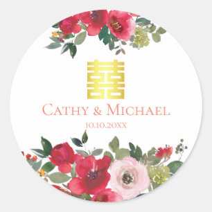 Red pink watercolor floral modern Chinese wedding  Classic Round Sticker
