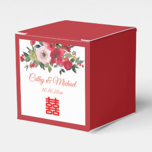 Red pink watercolor floral modern Chinese wedding Favour Box