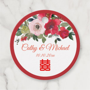 Red pink watercolor floral modern Chinese wedding Favour Tags