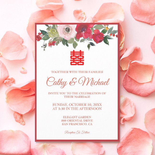 Red pink watercolor floral modern Chinese wedding Invitation (Creator Uploaded)