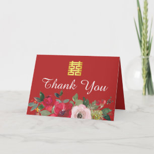 Red pink watercolor floral modern chinese wedding thank you card