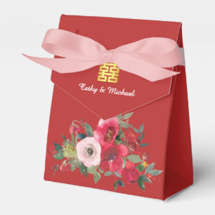 Red pink watercolor floral modern double happiness favour box