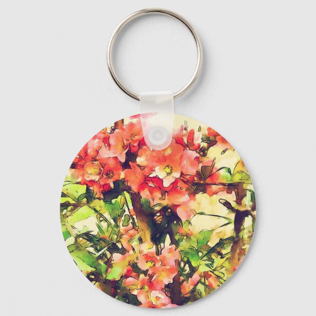 Red Pink Watercolor Floral Pattern 1 Key Ring (Front)