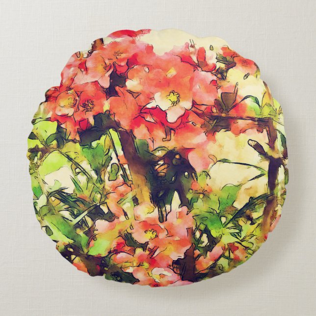 Red Pink Watercolor Floral Pattern 1 Round Cushion (Front)
