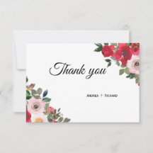 Red pink watercolor floral thank you card