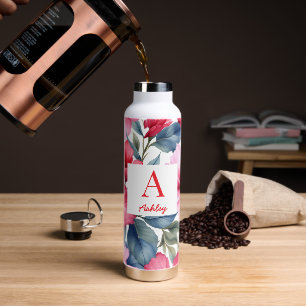 Red Pink Watercolor Hibiscus Flowers Water Bottle