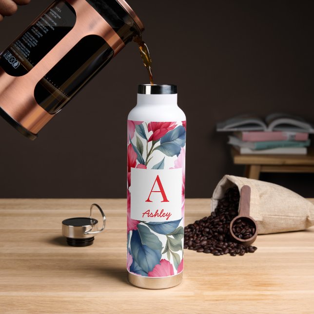Red Pink Watercolor Hibiscus Flowers Water Bottle (Coffee)