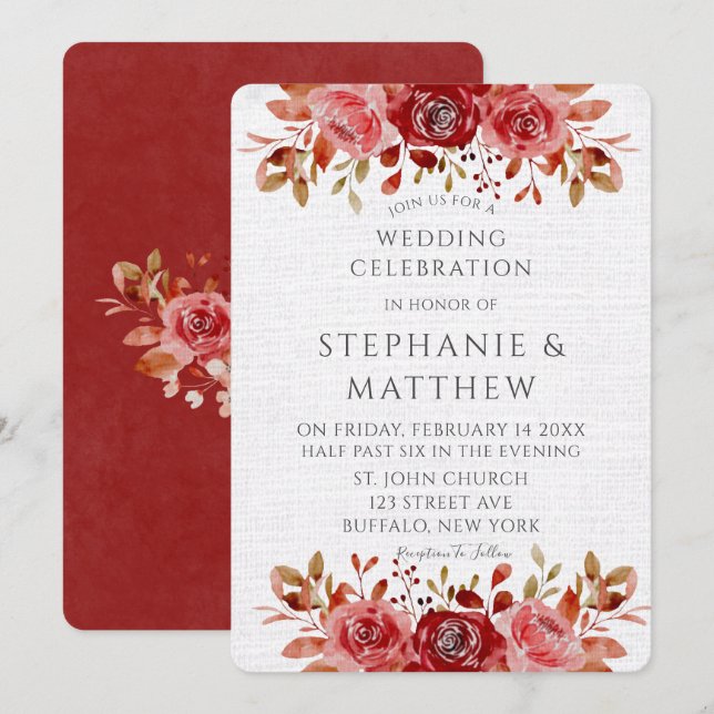 Red Pink Watercolor Peonies White Linen Wedding Invitation (Front/Back)