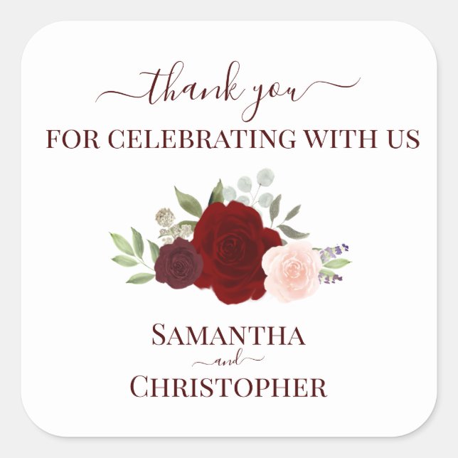 Red & Pink Watercolor Roses Wedding Thank You Square Sticker (Front)