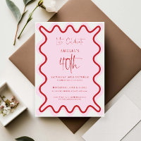 Red Pink Wavy Border 40th Birthday Invitation