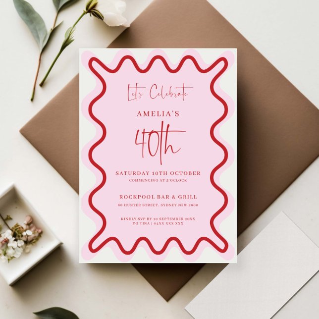 Red Pink Wavy Border 40th Birthday Invitation (Creator Uploaded)