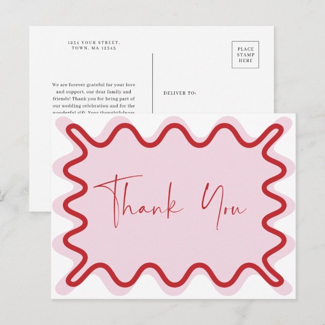 Red Pink Wavy Border Thank You postcard (Front/Back)