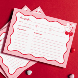Red Pink Wavy Bow Cherry Bridal Shower Recipe Card