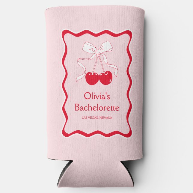 Red Pink Wavy Cherry On Top Bow Bachelorette Party Seltzer Can Cooler (Front)