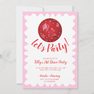 Red pink wavy disco birthday party invitation