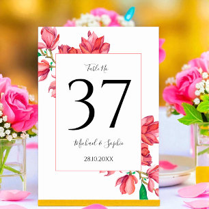 Red Pink Wedding Floral Table Number Card