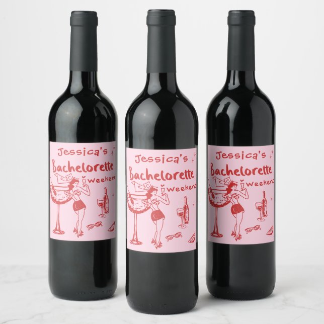 Red Pink Whimsical Cocktail Bachelorette Weekend Wine Label (Bottles)