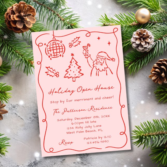 Red & Pink Whimsical Doodle Christmas Open House Invitation (Creator Uploaded)