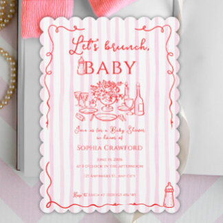 Red Pink Whimsical Doodle Let's Brunch Baby Shower Invitation