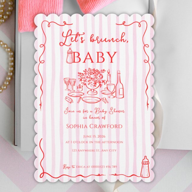 Red Pink Whimsical Doodle Let's Brunch Baby Shower Invitation (Creator Uploaded)