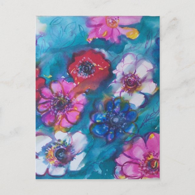 RED PINK WHITE COLORFUL FLOWERS IN BLUE POSTCARD (Front)