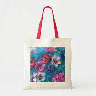 RED PINK WHITE COLORFUL FLOWERS IN BLUE TOTE BAG