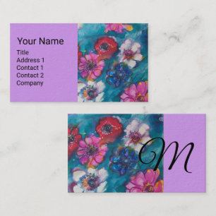 RED PINK WHITE FLOWERS IN BLUE FLORAL MONOGRAM  BU BUSINESS CARD