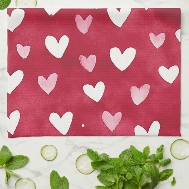 Red Pink White Hearts Tea Towel (Folded)
