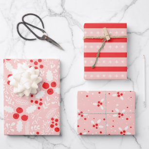 Red Pink White Holly Berries Mistletoe Christmas Wrapping Paper Sheet