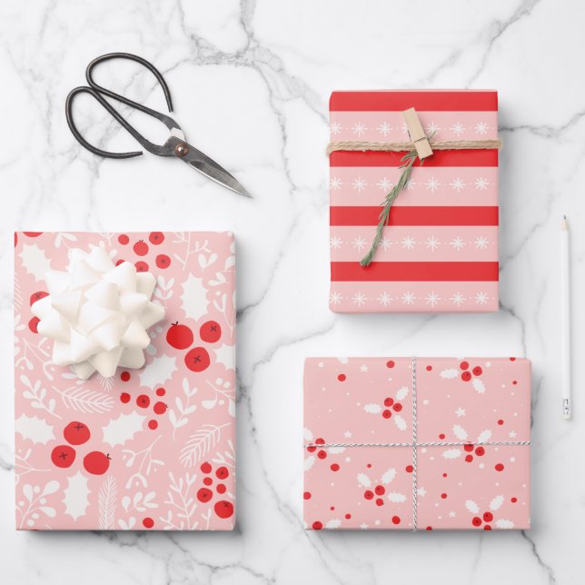 Red Pink White Holly Berries Mistletoe Christmas Wrapping Paper Sheet (Front)