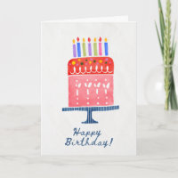 Red & pink, white, iced birthday cake with candles