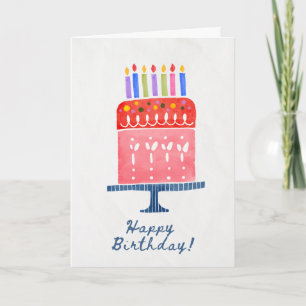 Red & pink, white, iced birthday cake with candles card