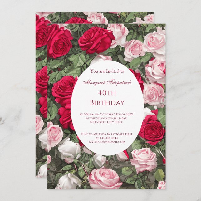  Red Pink White Roses Birthday Party Invitation (Front/Back)