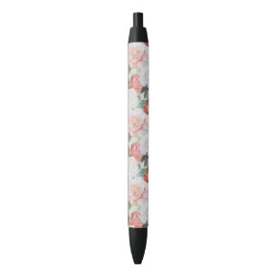 Red Pink White Roses Floral Black Ink Pen