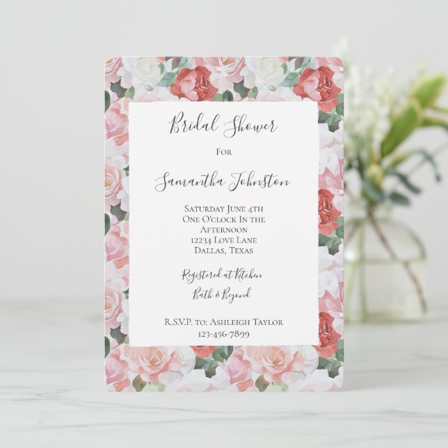 Red Pink White Roses Floral Bridal Shower Invitation (Standing Front)
