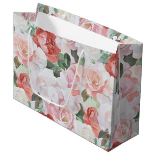 Red Pink White Roses Floral Bridal Shower Large Gift Bag