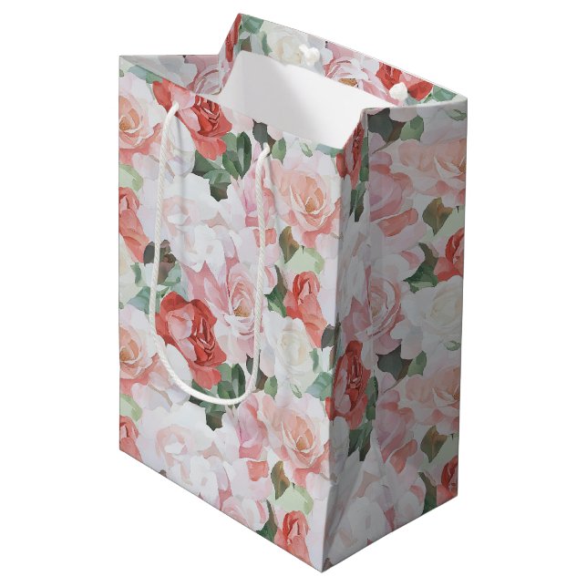Red Pink White Roses Floral Bridal Shower Medium Gift Bag (Front Angled)