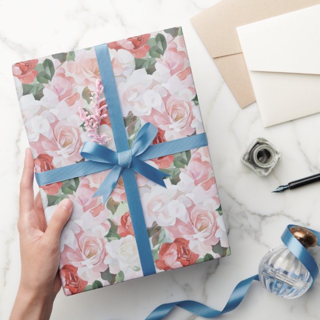 Red Pink White Roses Floral Bridal Shower Wrapping Paper (Gifting)