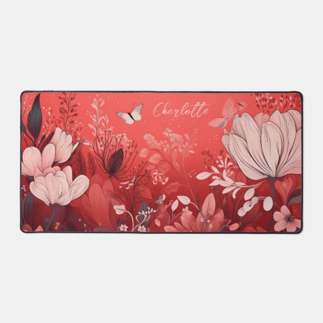 Red Pink Wildflower Butterfly Personalised Name Desk Mat (Front)