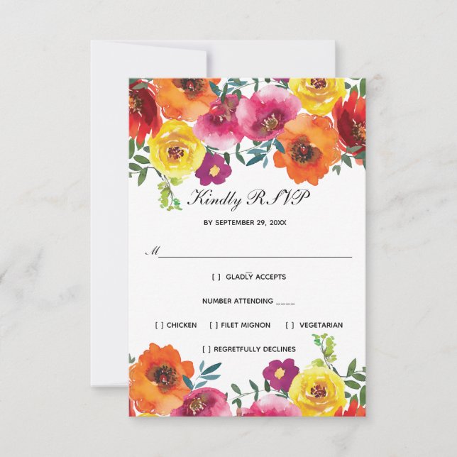 Red Pink Yellow Floral Formal Elegant Wedding RSVP Card (Front)