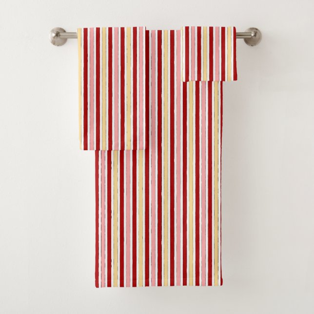 Red Pink & Yellow Hand-Drawn Stripes Bath Towel Set (Insitu)