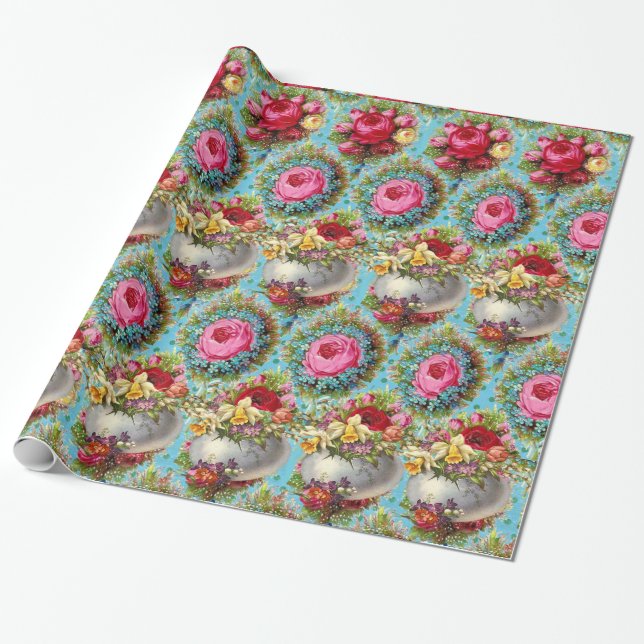 RED PINK YELLOW ROSES,EASTER EGGS IN BLUE FLORAL WRAPPING PAPER (Unrolled)