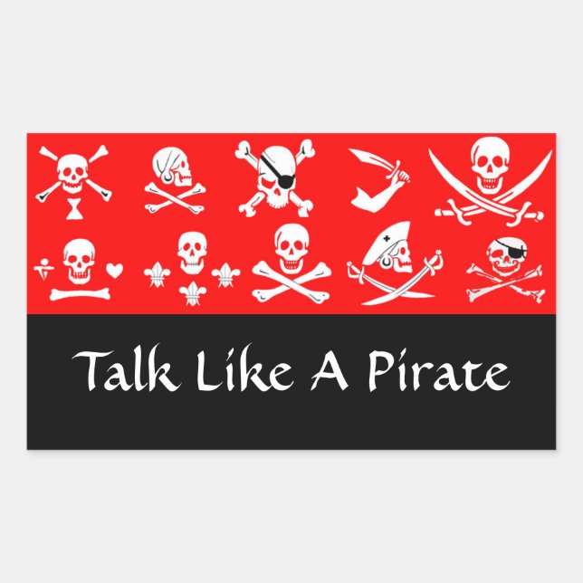 RED PIRATE BANNERS SKULL,CROSSED BONES,SWORDS RECTANGULAR STICKER (Front)