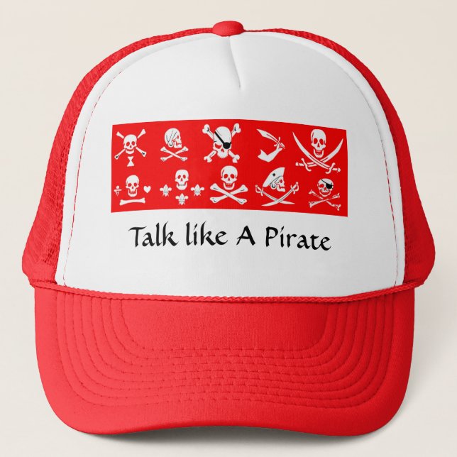 RED PIRATE BANNERS SKULL,CROSSED BONES,SWORDS TRUCKER HAT (Front)