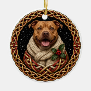 Red Pit Bull Cream Scarf Celtic Christmas Ceramic Tree Decoration