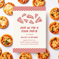 Red Pizza Party Kids Birthday Quirky Hand-drawn