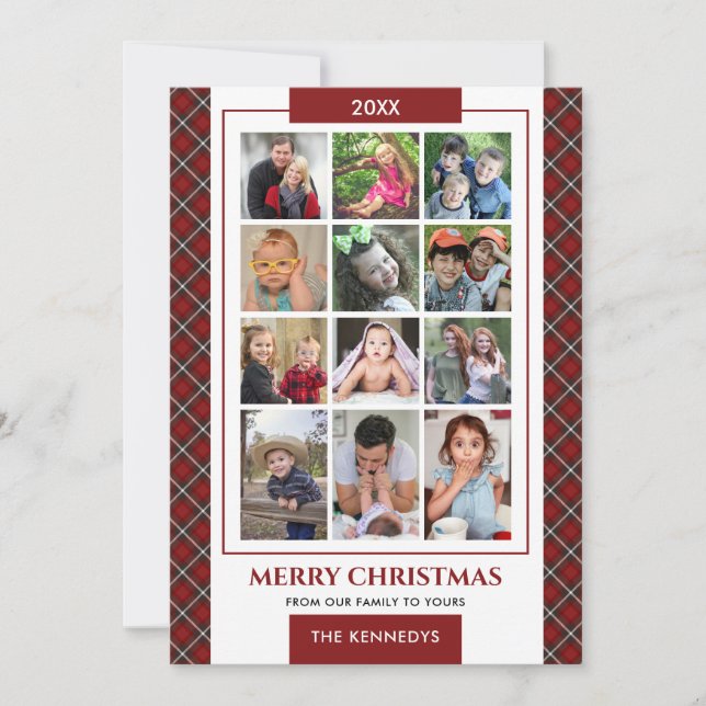 Red Plaid 12 Family Photo Collage Christmas Holiday Card (Front)